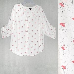 Torrid White Flamingo Dot Button Challis Blouse